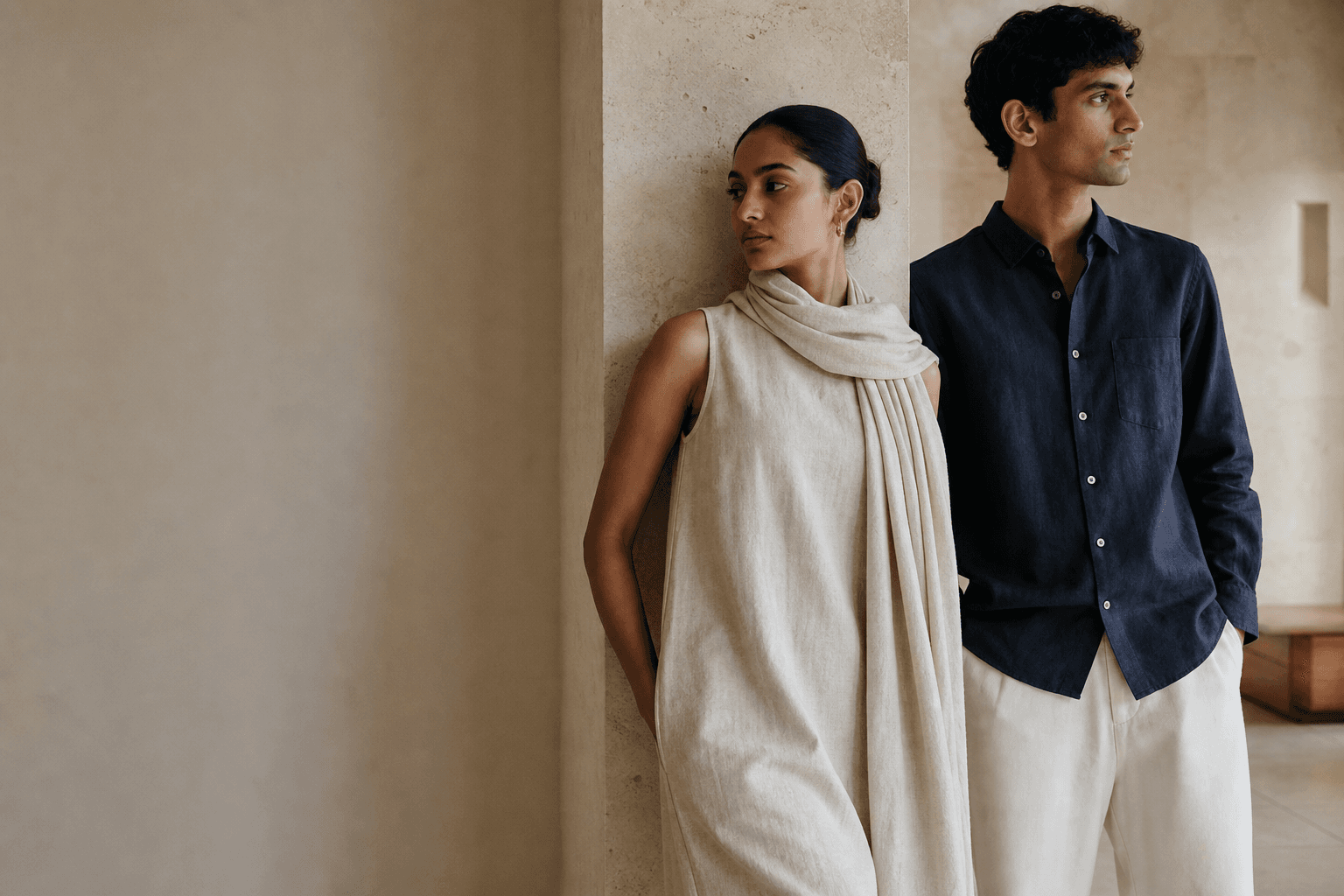South Asian woman in a bone linen dress and South Asian man in an ink shirt beside warm limestone