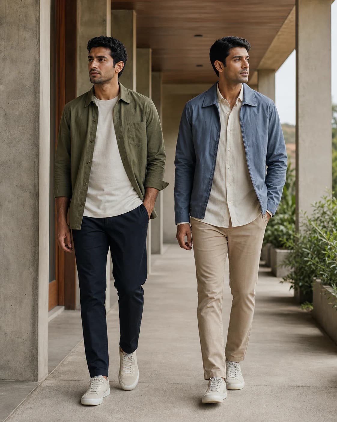 Men wearing olive and washed-blue lightweight natural-fabric layers