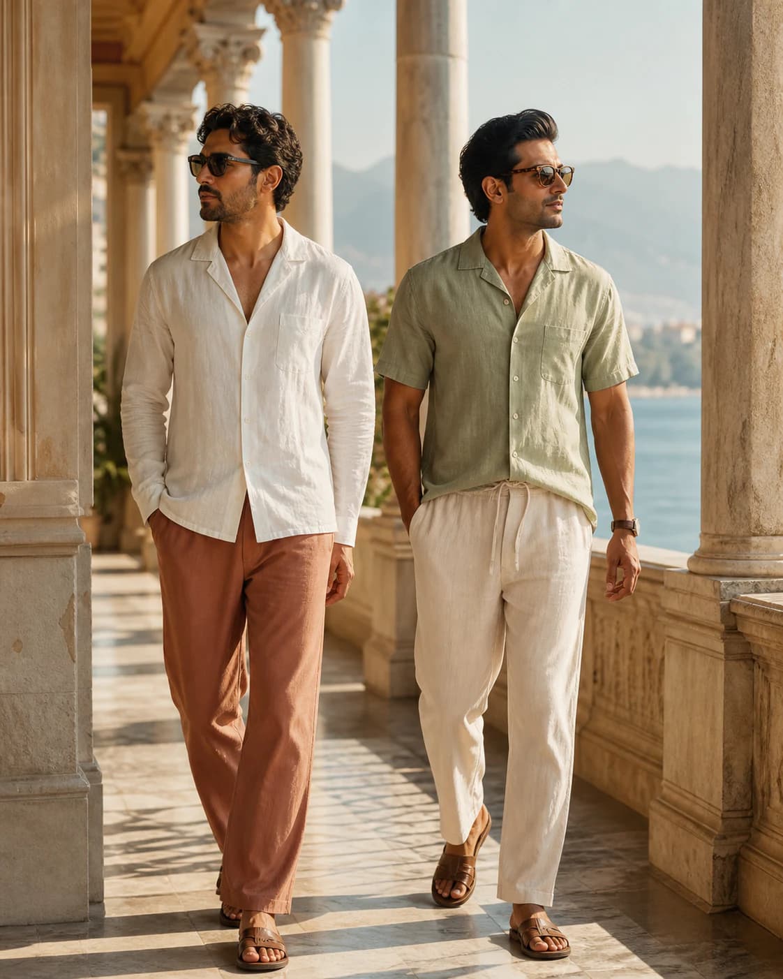 Men wearing breathable chalk, clay and sage resortwear in a coastal colonnade