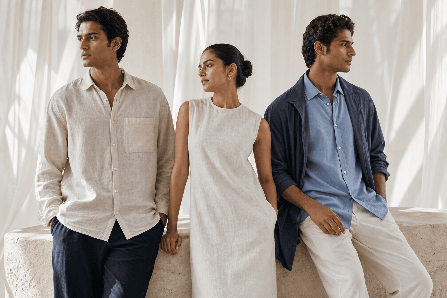 Three South Asian models presenting new linen, cotton, and cotton-linen pieces in a bright studio