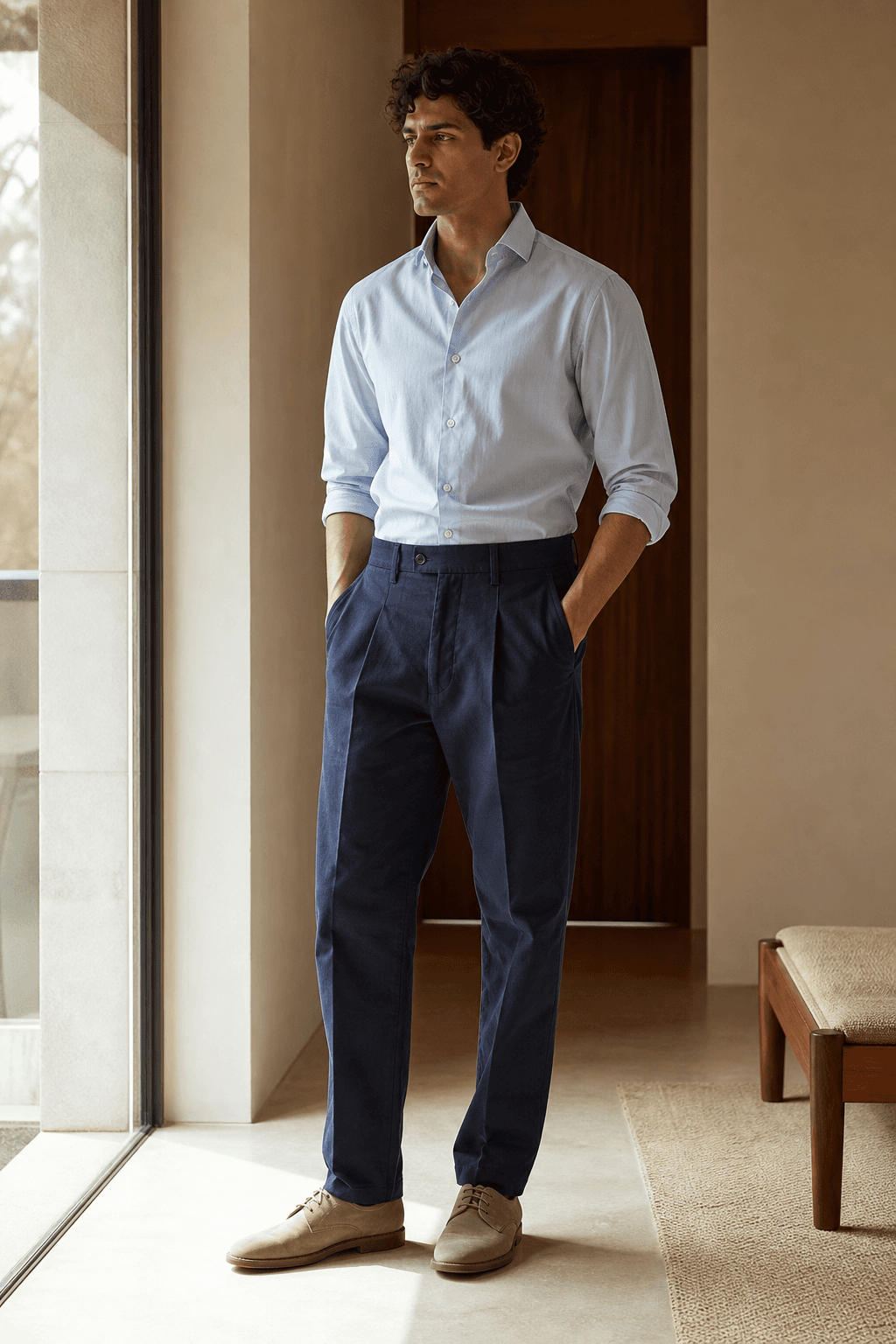 Man wearing a washed-blue cotton poplin shirt and ink trousers in a warm interior