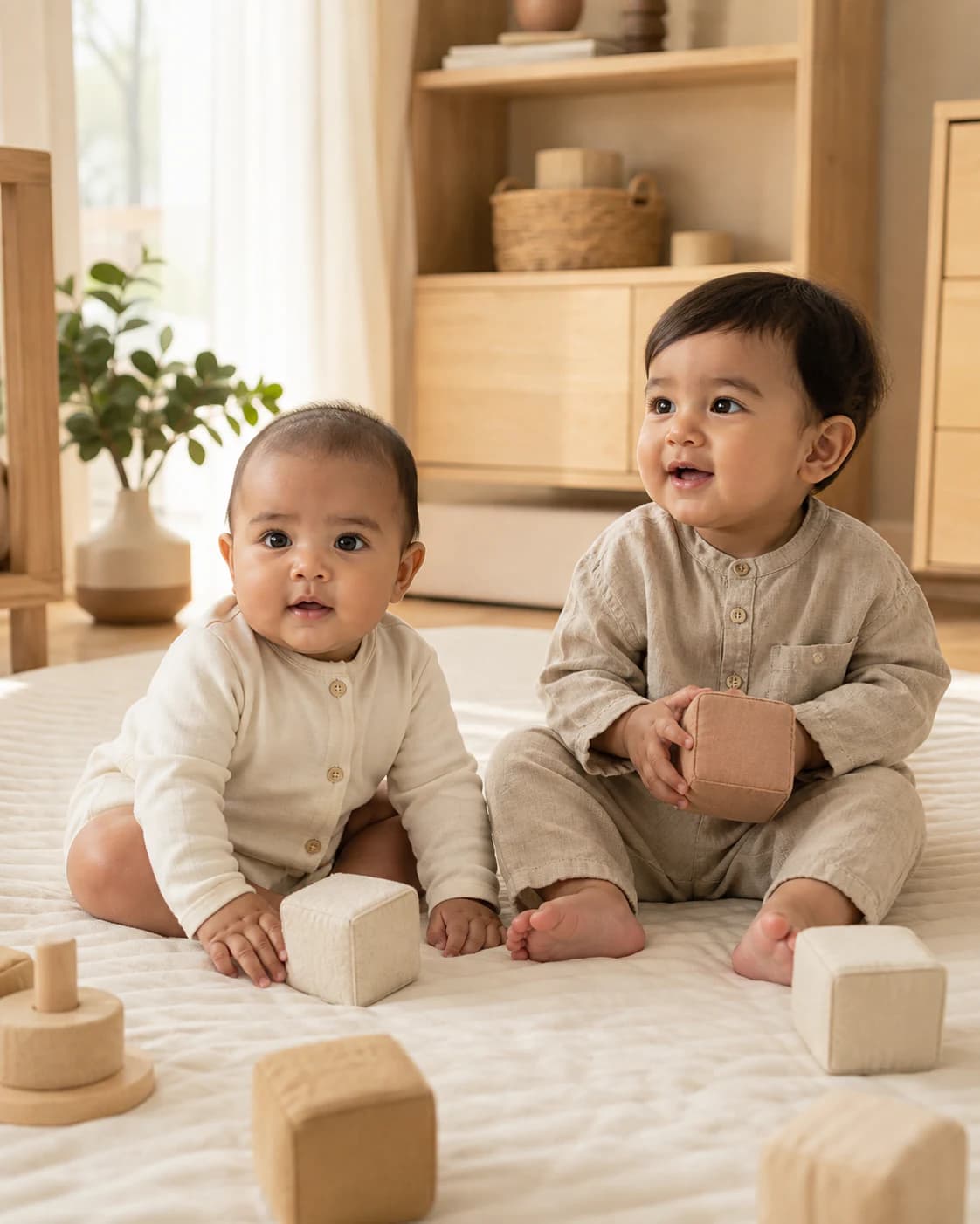 Babies in soft ivory and sand natural-fabric clothing