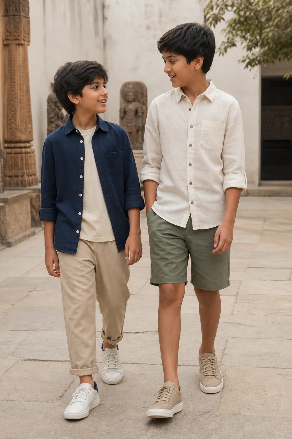 Boys wearing relaxed natural-fabric shirts and trousers outdoors