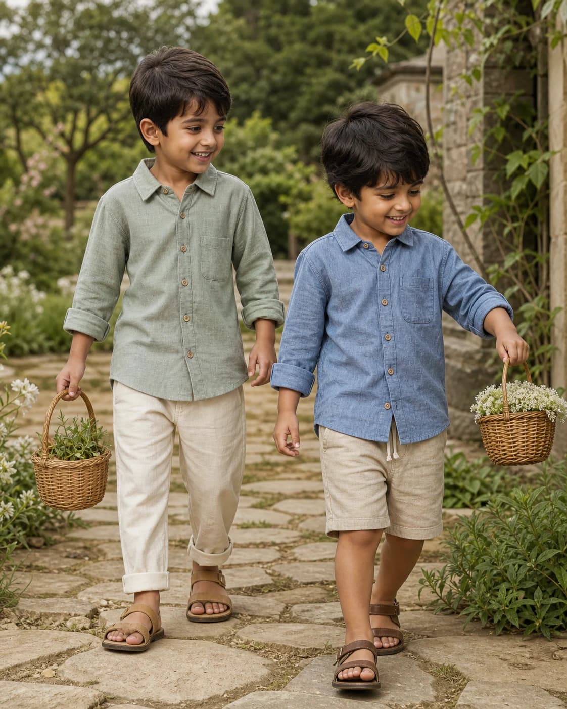 Young boys exploring outdoors in breathable natural-fabric clothing