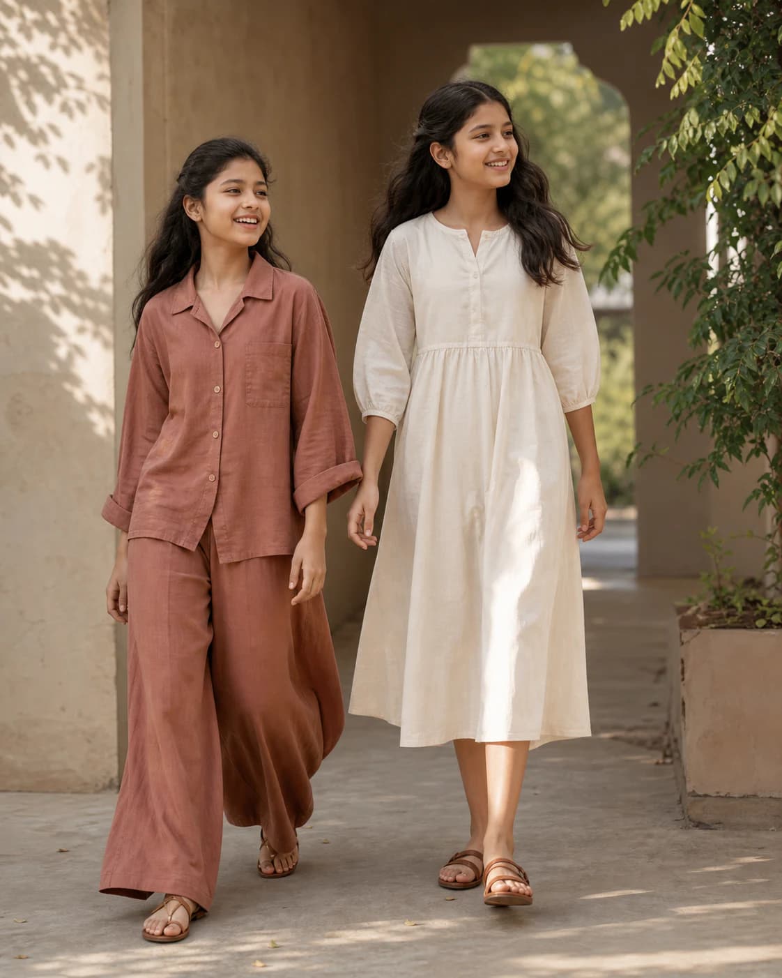 Girls wearing breathable cotton and linen clothing in a warm courtyard