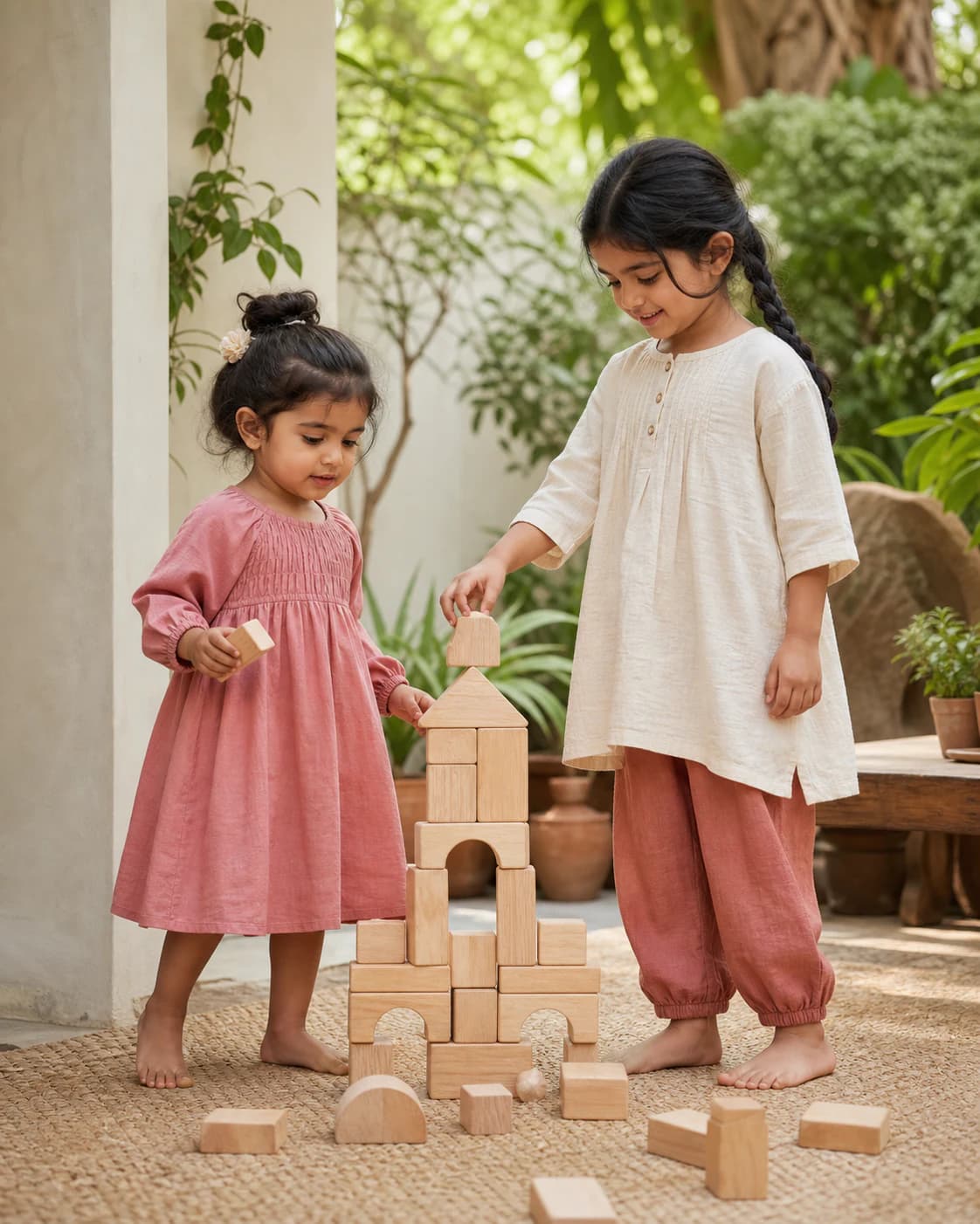 Young girls playing in soft cotton and linen outfits