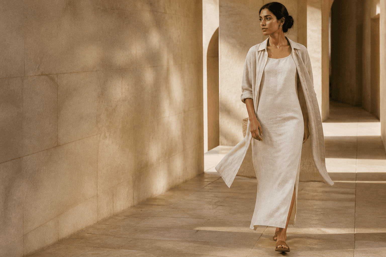 South Asian woman in a washed linen column dress and lightweight overshirt walking through warm stone architecture