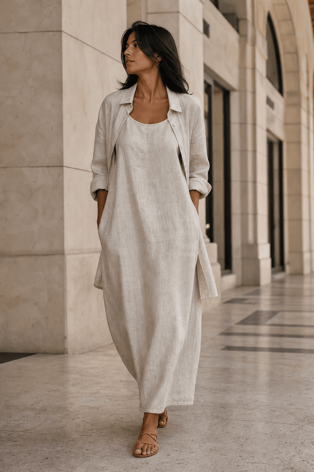 Woman in a long natural linen column dress and light overshirt walking through a stone arcade