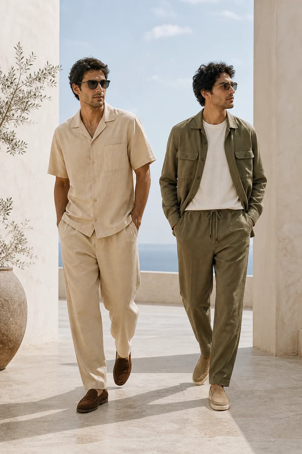 Men wearing coordinated sand and olive cotton-linen sets