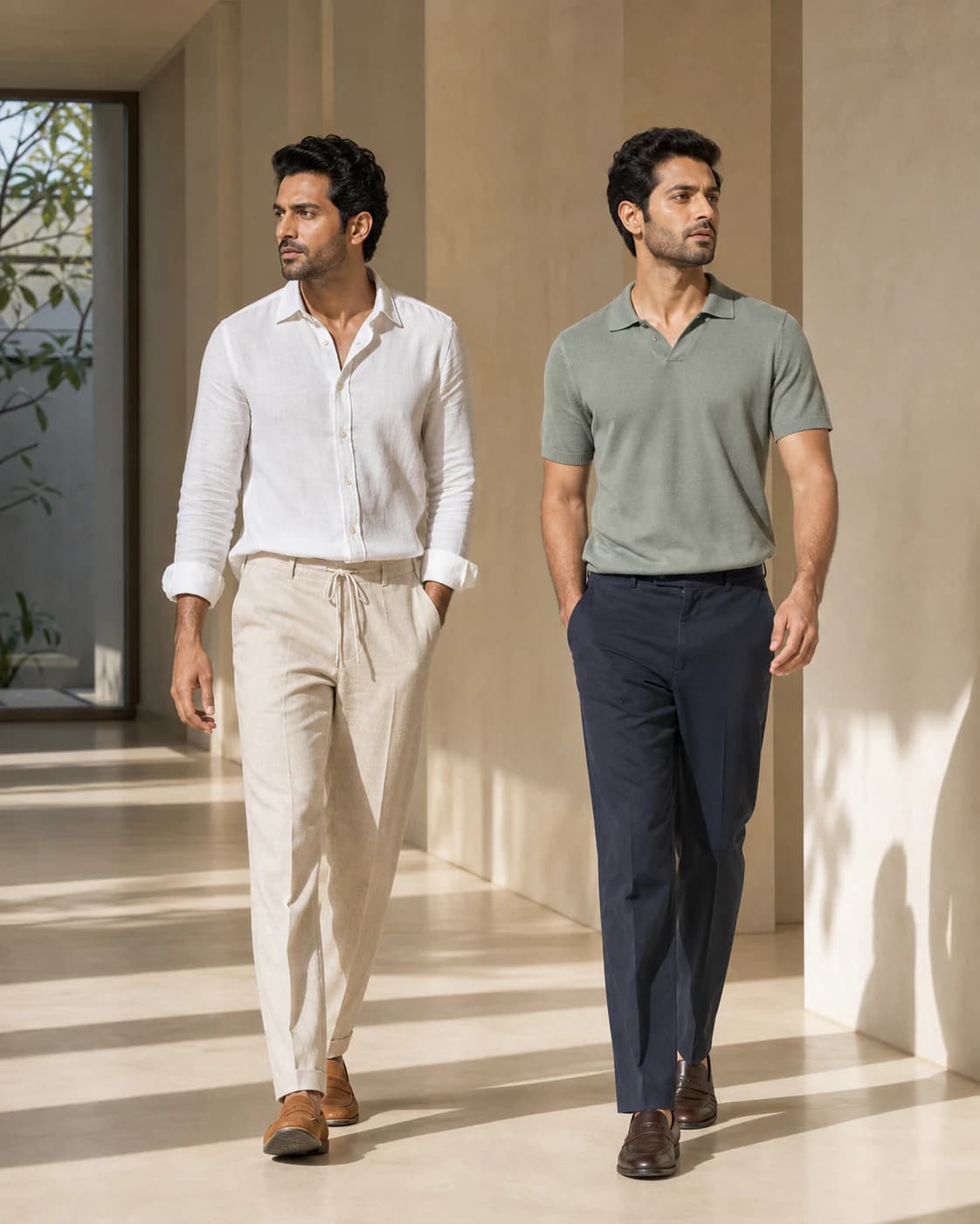 Men wearing relaxed linen and cotton trousers in architectural light
